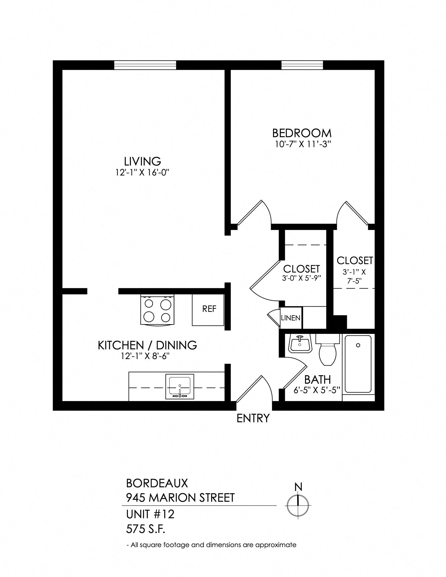 Floor plan for 1 bed, 1 bath, 565 sqft